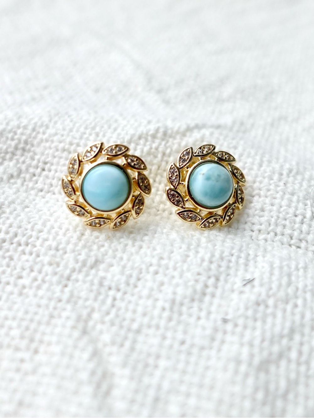 New! Gold Rope-Edge Stud Earrings with Larimar stone